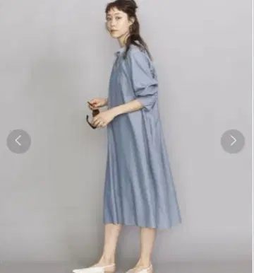 유나이티드 애로우즈 개더 스모크 원피스 블루 리본 드레이프감 긴팔