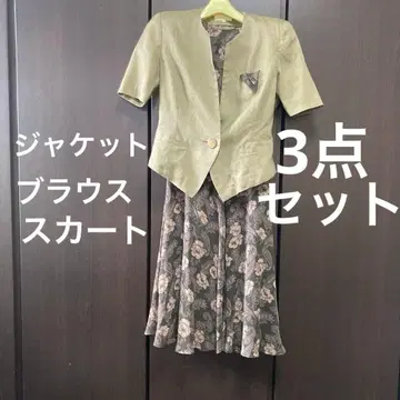 올리브 그린 반팔 자켓 꽃무늬 블라우스, 스커트 3개 세트
