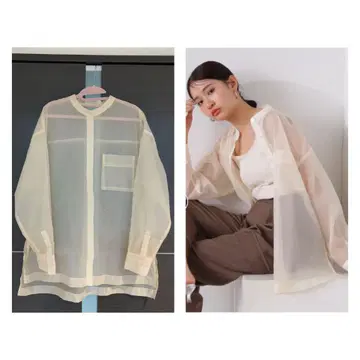 N. 밴드 카라 슬릿 시어 셔츠