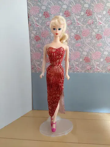 복각 바비 사이즈 빨간색 슬릿 드레스 핸드메이드 B