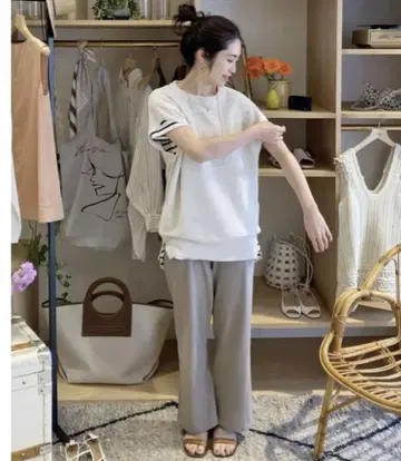 미사용 새상품 이에나 3/60 코튼 니트 팬츠 모카 베이지 M 밴딩