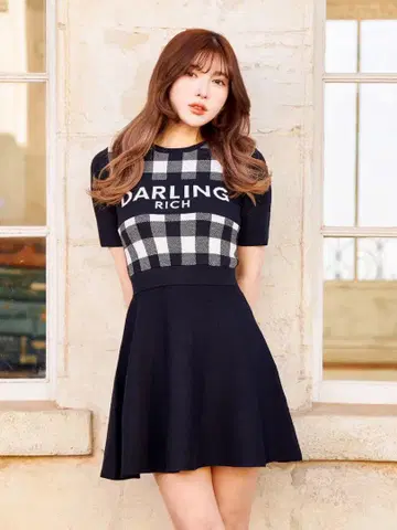 다리치 깅엄 체크 니트 미니 원피스