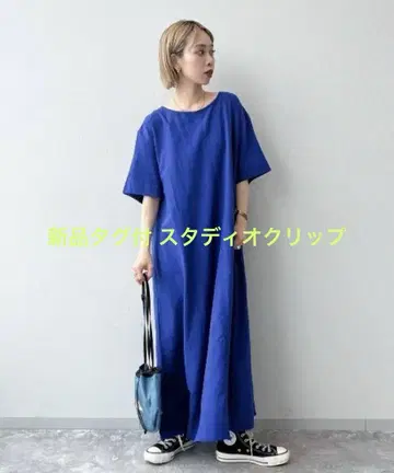 택 포함 새상품 스튜디오 클립 컬러풀한 기분 좋은 원피스 블루 F