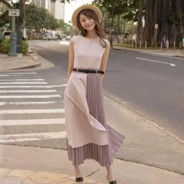 에밀리아 위즈 배색 플리츠 롱 원피스 플레어 핑크 슬리브리스