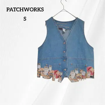 PATCHWORKS 고양이 패턴 데님 베스트 S 블루 여성용