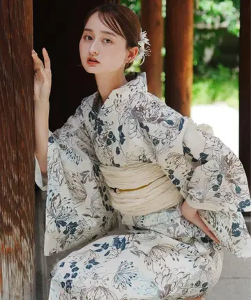 유카타 + 오비 utatane 선염 베이지색의 싱싱한 실 국화