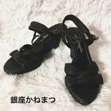 긴자 카네마츠 샌들 리본 웨지솔 블랙 23.5