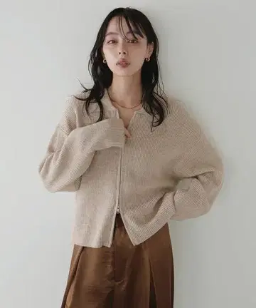 LIAN 더블 지퍼 폴로 니트 가디건 베이지