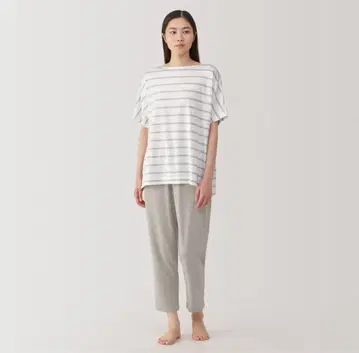 새상품 MUJI 부드러운 냉감 반팔 룸웨어 세트 스모키 퍼플 보더 L