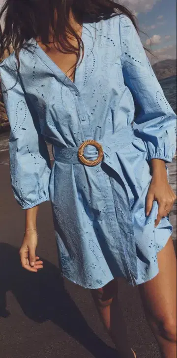 Zara 자수 디테일 라이트 블루 원피스 M