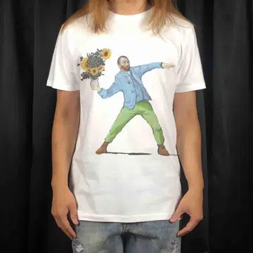 새상품 빅 프린트 BANKSY 꽃다발 고흐 자화상 패러디 티셔츠
