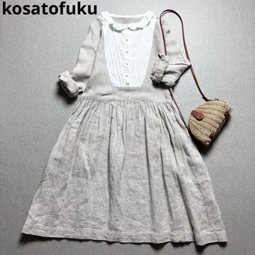 kosatofuku 원피스 린넨 100% 개더 턱 프릴
