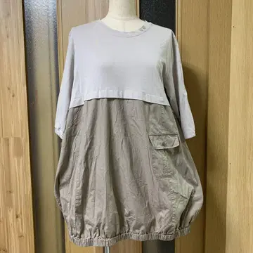 벌룬 실루엣 튜닉 반소매 베이지 그레이