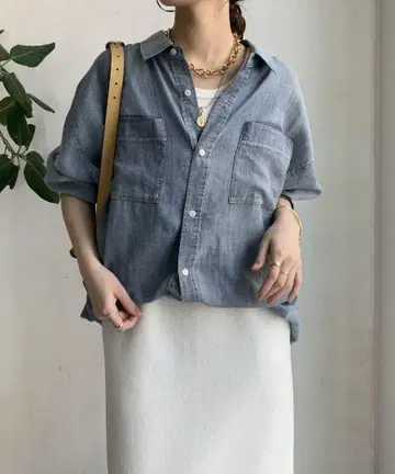 두두 DOUDOU 소매 리브 시어 데님 셔츠
