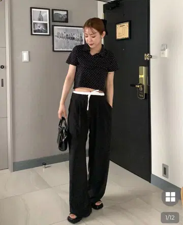 CANIE 허리 스트링 와이드 핏 팬츠