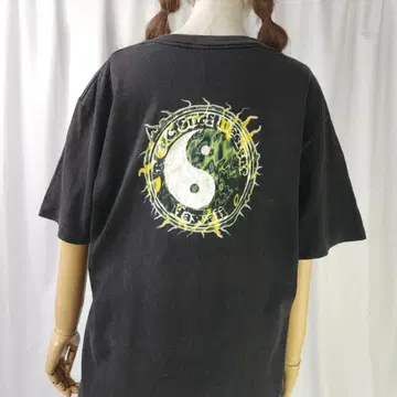 90s USA제 used L 타운 & 컨트리 반팔 티셔츠 음양 블랙