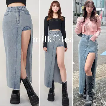 택 포함 새상품 다리치 프론트 오픈 데님 롱 스커트 아이스 블루