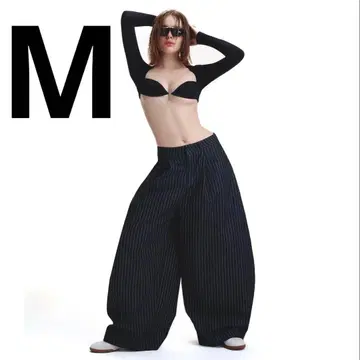 M 사이즈 PUSH PUSH 와이드 팬츠 블랙 스트라이프 데님