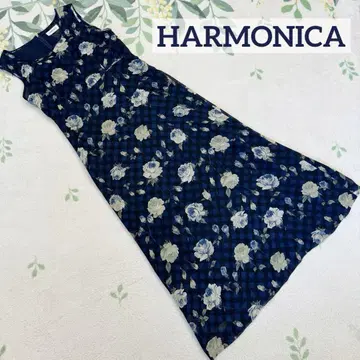 새상품급 HARMONICA 네이비 꽃무늬 체크 롱 원피스 M 고급스러운