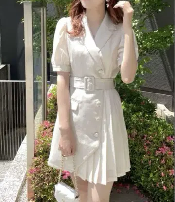플리츠 시어 테일러드 원피스 수트 여성용 벨트 반팔