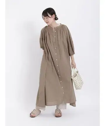Samansa Mos2 인도 보일 퍼프 슬리브 개더 원피스 모카