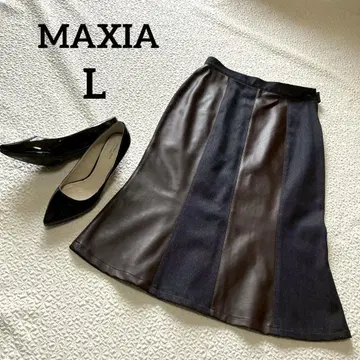 MAXIA 플레어 스커트 L 데님 가죽 개성 네이비 브라운
