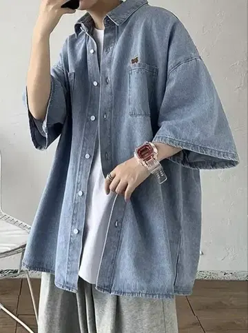 오버 사이즈 데님 셔츠 반팔 라이트 블루