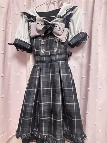 LIZLISA 체크 에이프런 원피스 블랙 블랙
