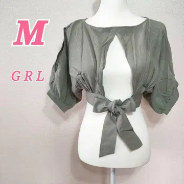 GRL 올리브 반팔 퍼프 슬리브 M 볼레로 리본 내추럴 예쁜