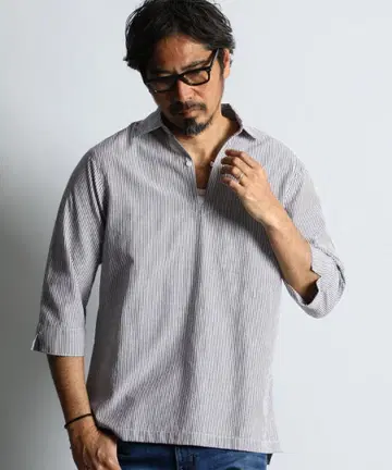 The DUFFER 시어서커 스트라이프 7부 소매 스키퍼 셔츠 M