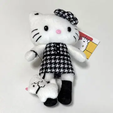 헬로키티 전시회 50주년 한정판 봉제 인형 마스코트 흑백 하운드투스 체크
