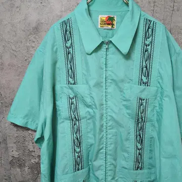 빈티지 쿠바 셔츠 민트 그린 자수 집업 3XL