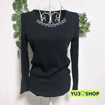 지나시스 긴팔 티셔츠 상의 면100% 비쥬 장식 블랙 F