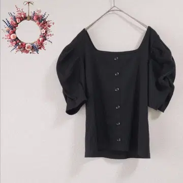 퍼프 슬리브 상의 리브 소재 티셔츠 스퀘어 넥 블랙 M