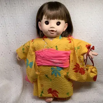 포포짱 사이즈 리플 원단 노랑 금붕어 패턴 유카타 헤코 오비 복조리