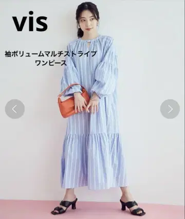 새상품급 VIS [앞뒤 2WAY] 소매 볼륨 멀티 스트라이프 원피스