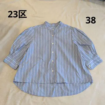 23구 스트라이프 밴드 카라 셔츠 크롭 기장 퍼프 슬리브