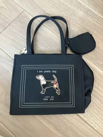 개 자수 블랙 토트백