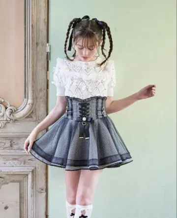 리즈리사 레이스업 코르셋 라이크 치마바지 블랙 체크