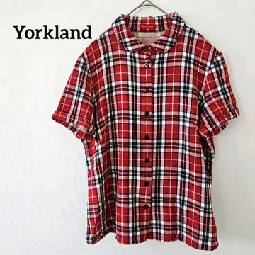 Yorkland] 타탄 체크 반팔 셔츠 레드 둥근 카라 일본제