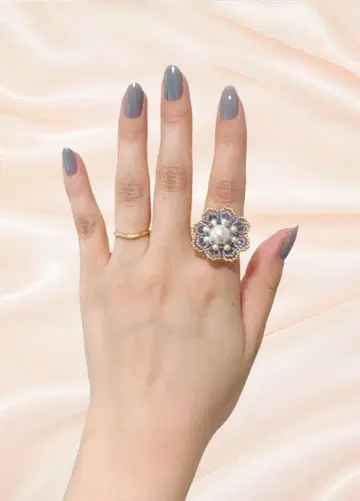 핸드메이드 꽃 비즈 반지 파랑 프리 사이즈