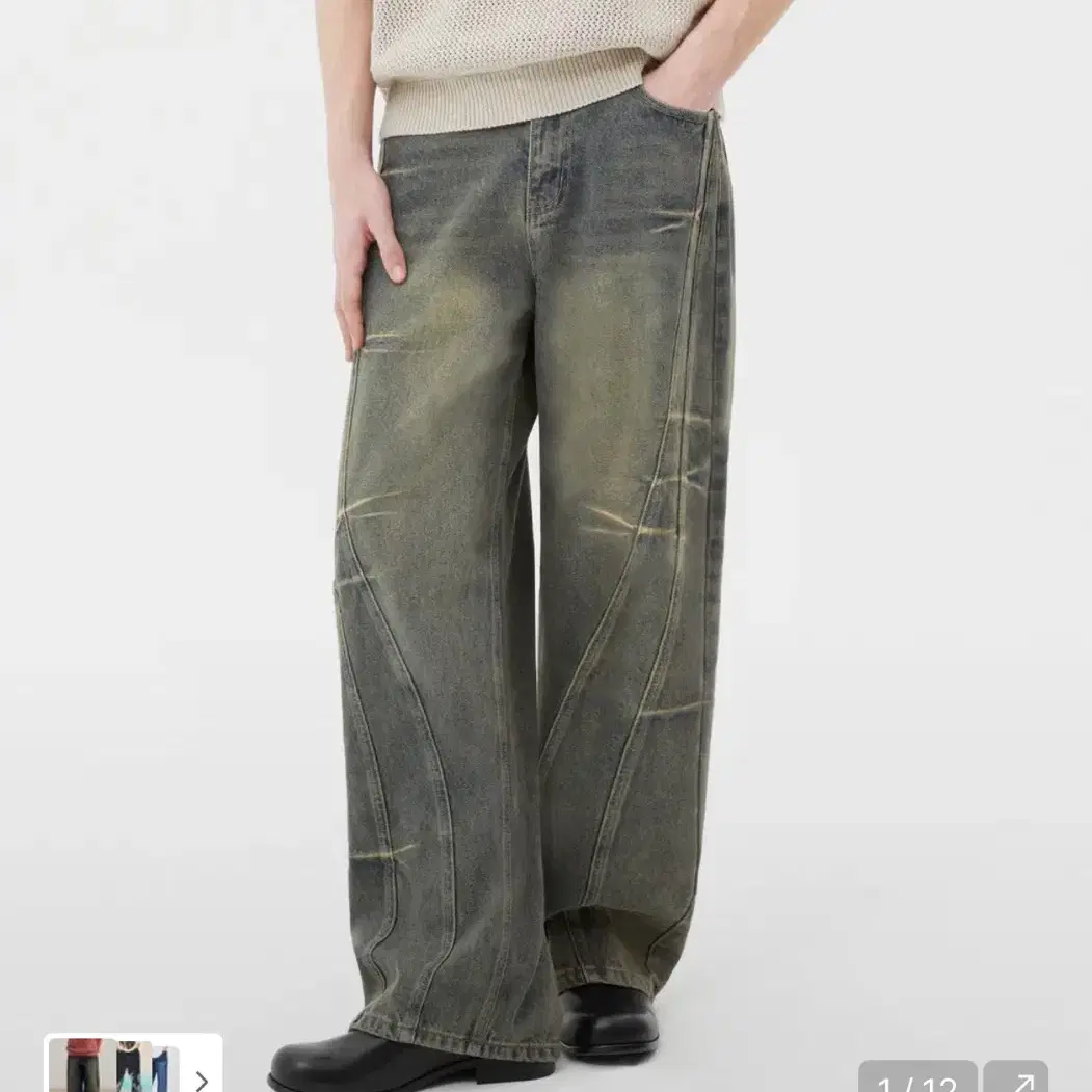 ★TRILLION★ Domingo pinch cut wide denim pants DEEP BLUE TR MUSINSA | TRILLION Domingo pinch cut wide denim pants (SAND