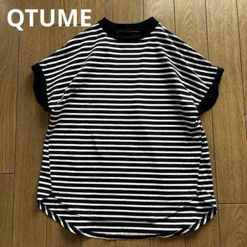QTUME (쿠쿰) 보더 티셔츠 프렌치 슬리브 고급 티셔츠 블랙 화이트