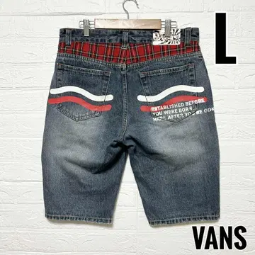 VANS 데님 청바지 하프 팬츠 파랑 체크 프린트 자수 [L]
