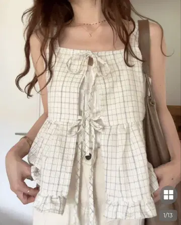 daisy nugu 체크 리본 슬리브 블라우스 미사용 새상품