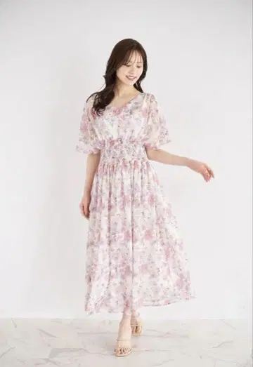tocco 뒷면 리본 셔링 플라워 롱 원피스 화려한 핑크