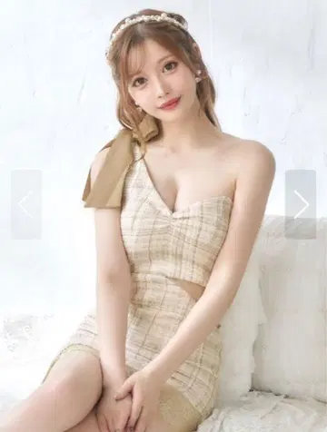 체크 무늬 원숄더 드레스 베이지 계열