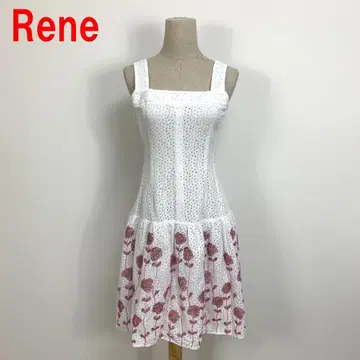 A6485 르네 무릎 기장 원피스 슬리브리스 면 자수 플레어 화이트 36