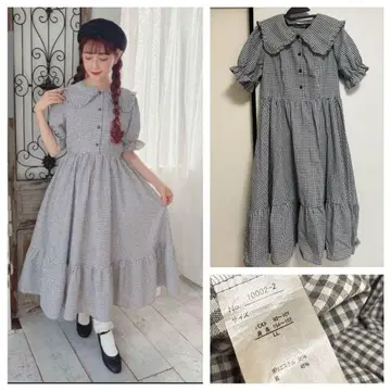 시마무라 아오키 미사코 콜라보 깅엄 체크 반팔 원피스