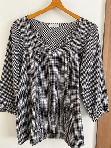 feel linen work 깅엄 체크 오리 소매 튜닉